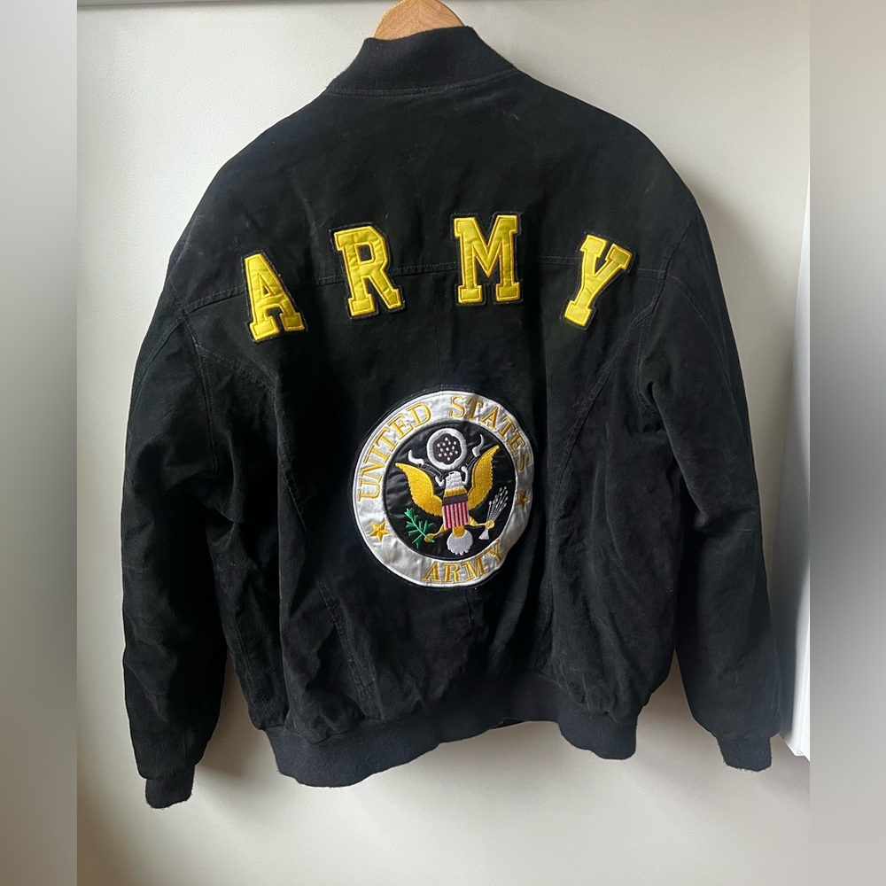 Vintage Black Army Suede Leather‎ Bomber Jacket Patches Military Armed Forces XL